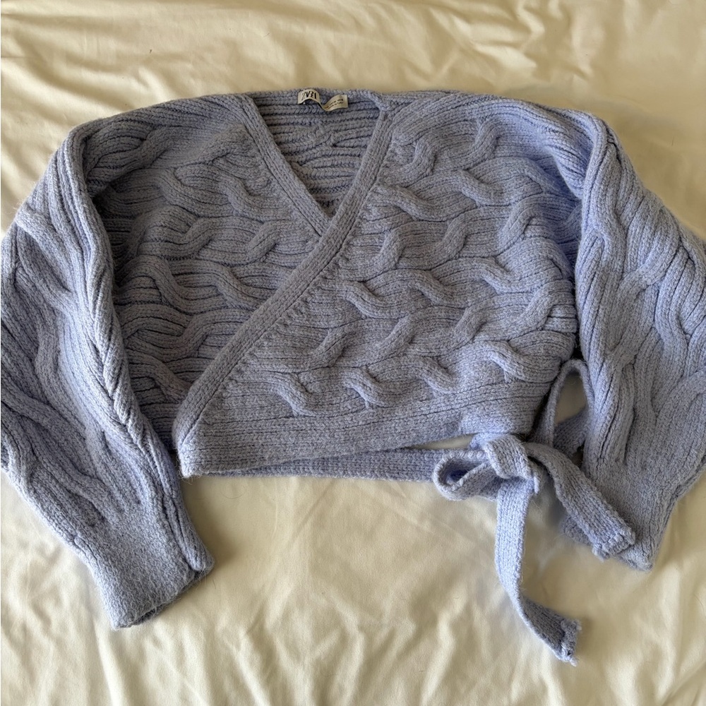 Zara Soft Blue Wrap Crop Sweater